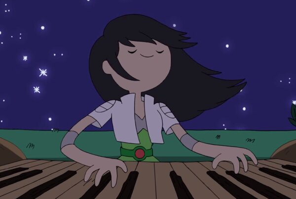 Animated character under a night sky